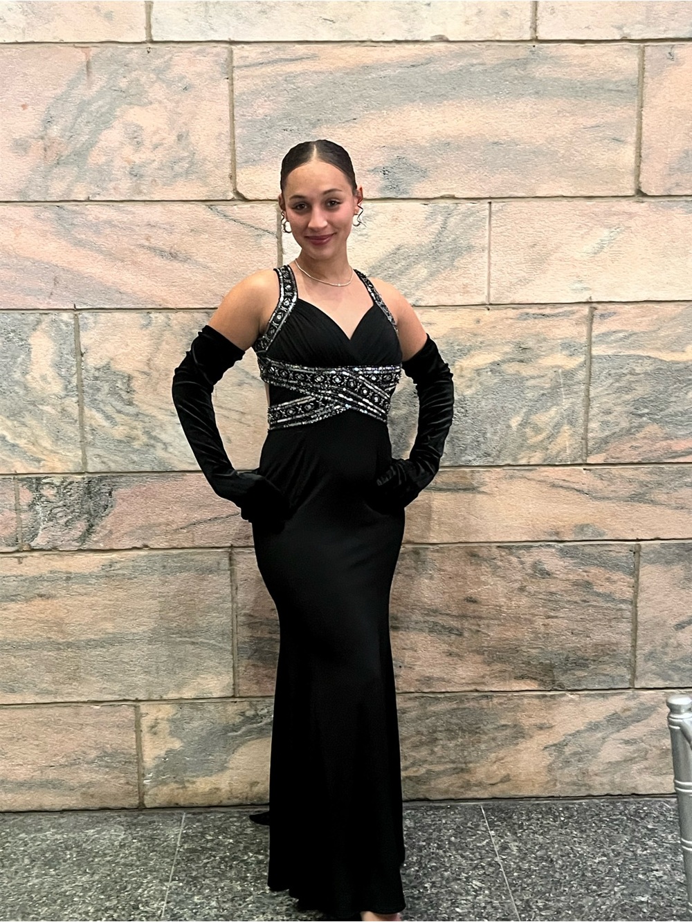 Adrianna Papell Black Beaded Empire Waist Prom Dress